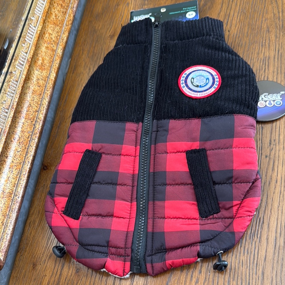 New LuvGear pet jacket.  Size S.  Red and black checked and Black corduroy.